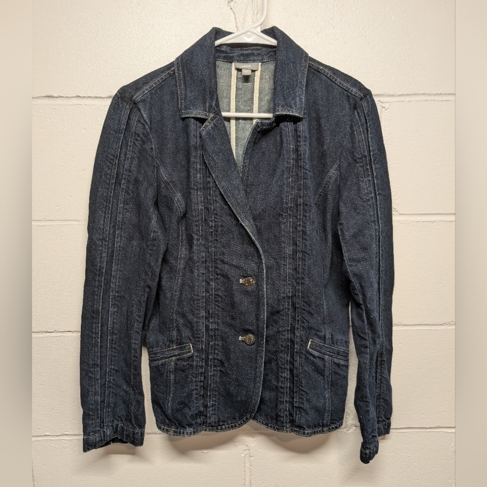 J. Jill Women's Denim Blazer Jean Jacket Cotton Linen Blend Blue (Size 6)